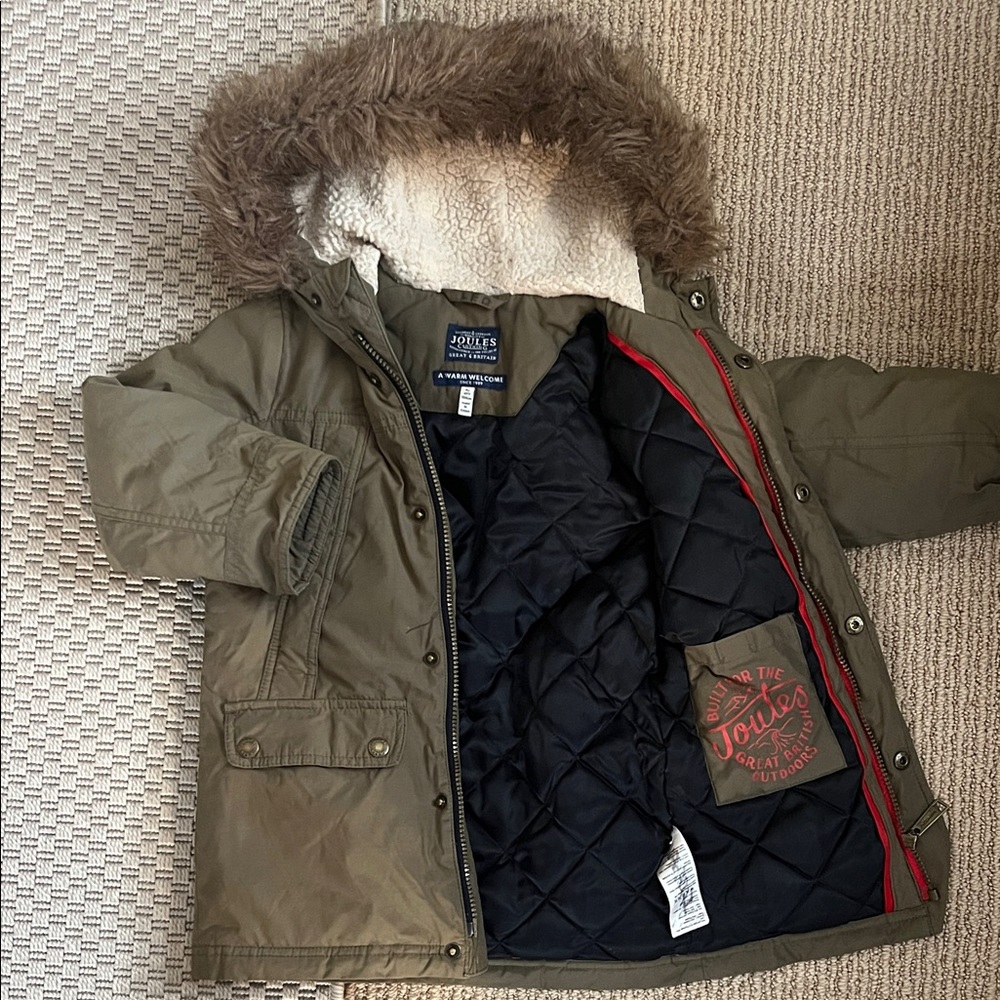 Joules Kids' Khaki Puffer Coat with Faux Fur Hood